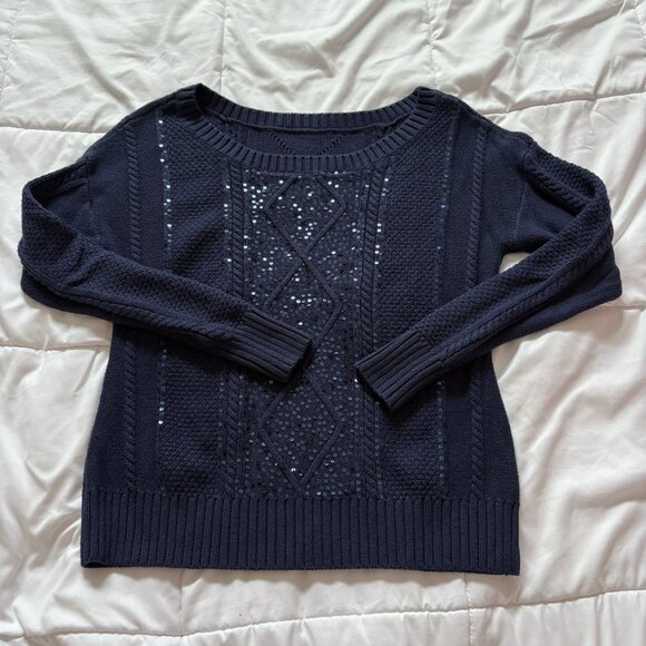 Womens Blue Sequined Long Sleeve Sweater Winter Holiday Christmas Y2K Retro - Picture 1 of 7